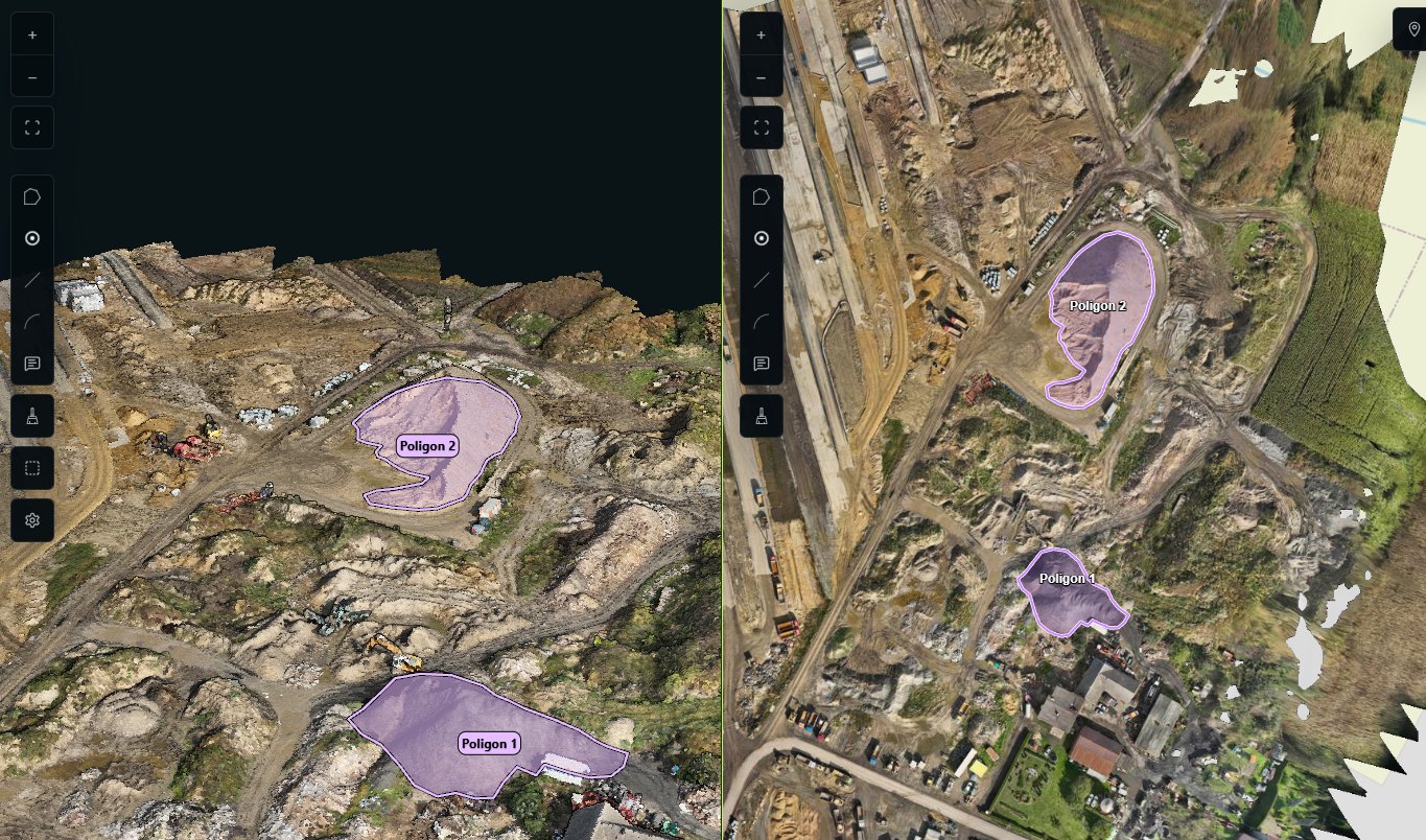 Ortofotomapa z drona i model 3D placu budowy z dwiema hałdami zaznaczonymi do pomiaru objętości