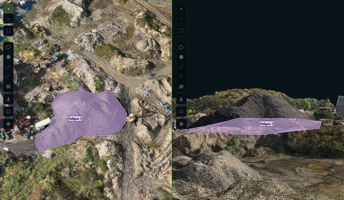 Obrys hałdy ciemnego materiału na ortofotomapie i w modelu 3D – pomiar objętości dronem