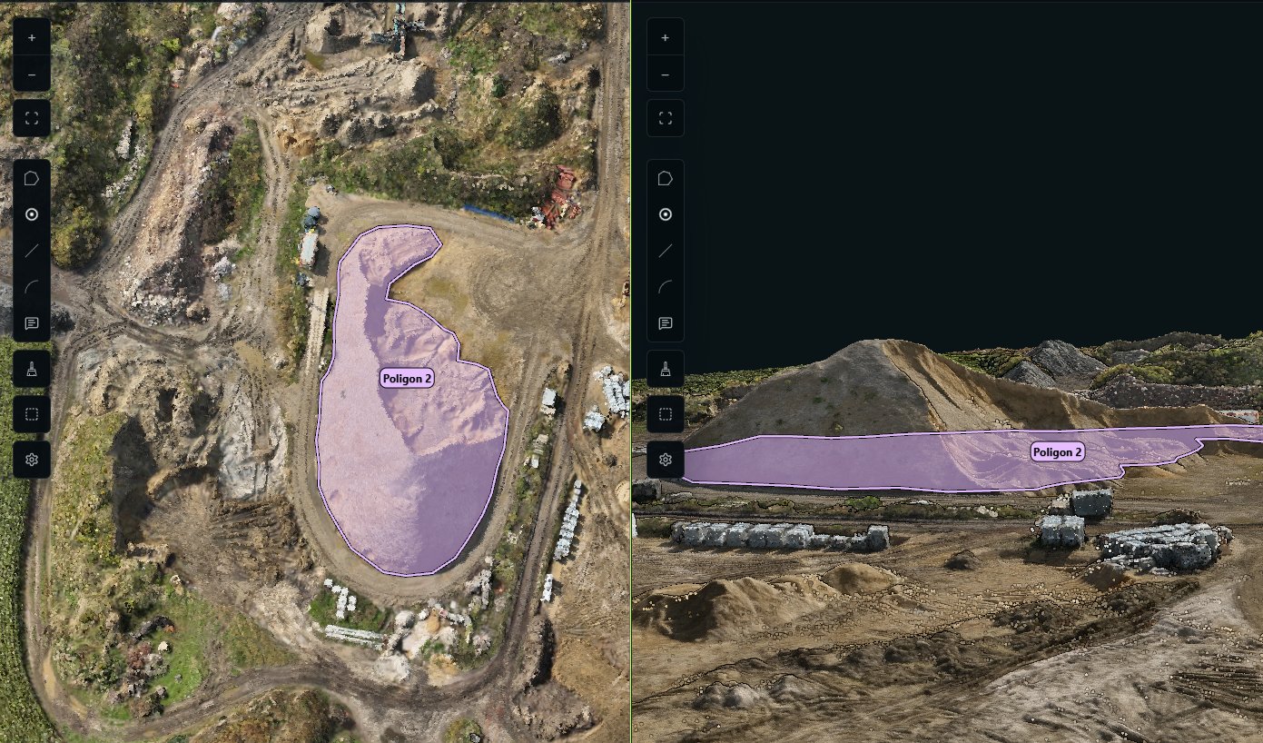 Pomiar objętości pryzmy kruszywa – ortofotomapa z drona i model 3D z tym samym obrysem poligonu
